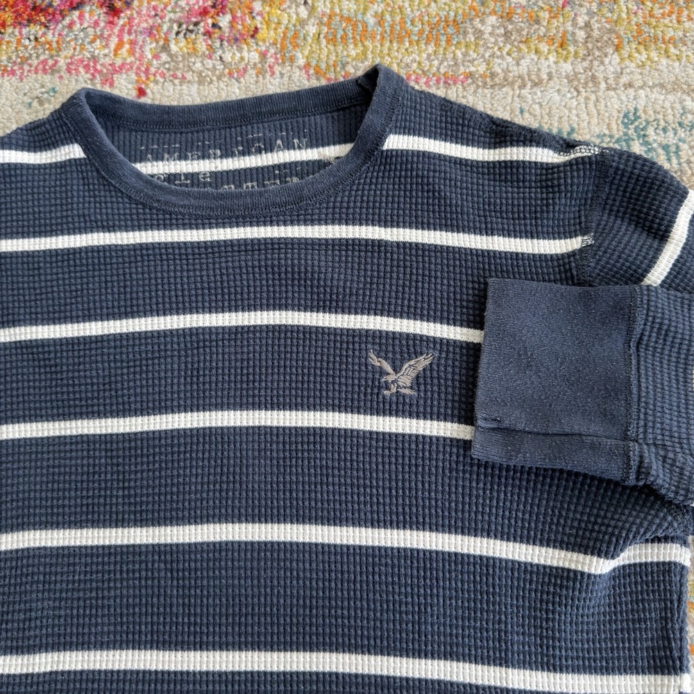 Y2K American Eagle Mens waffle knit Lng sleeve thermal shirt Blue White stripes